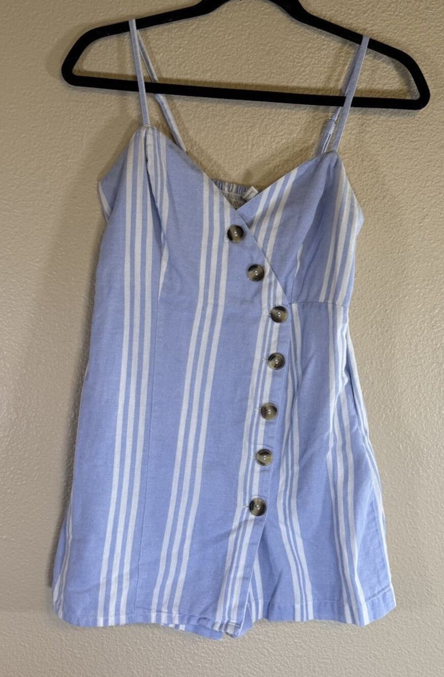 Japna Medium Blue White Striped Linen Blend Shorts Romper Dress Spaghetti Strap